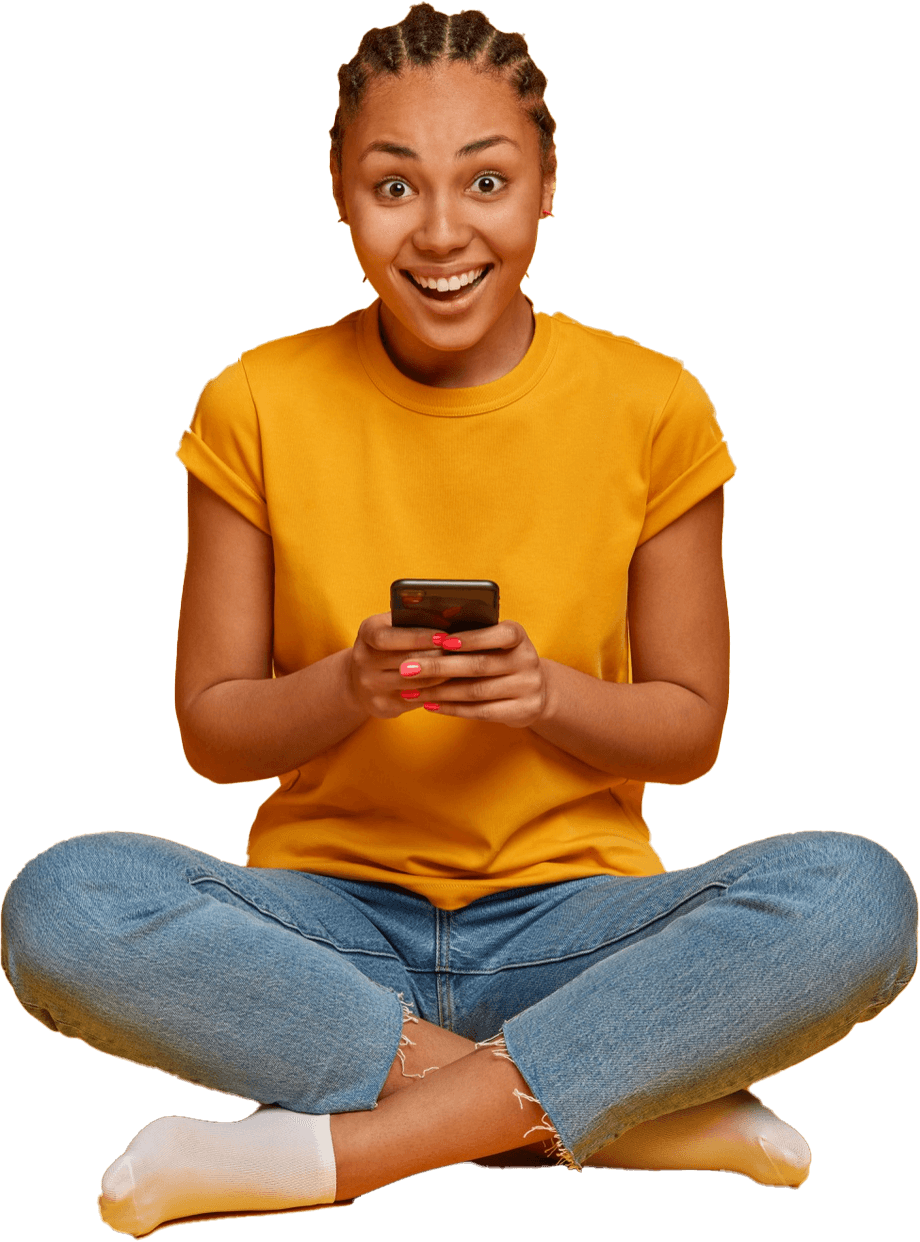 Image of smiling girl with mobile phone in hands